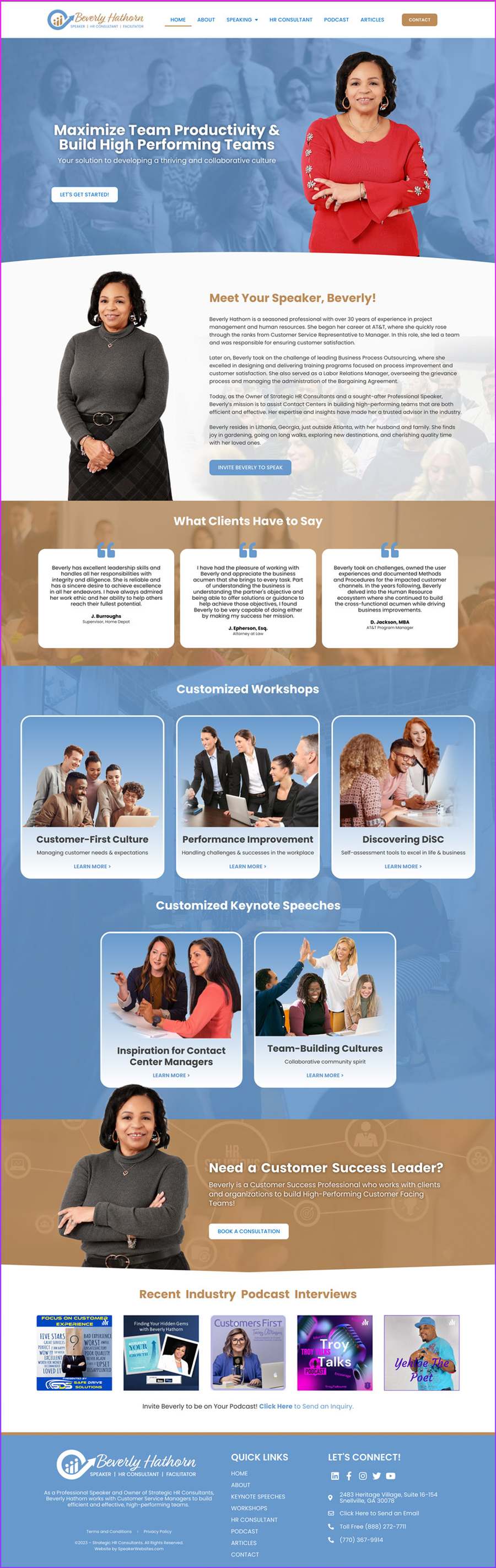 Full-length screenshot of Beverly Hathorn's speaker website designed by SpeakerWebsites.com