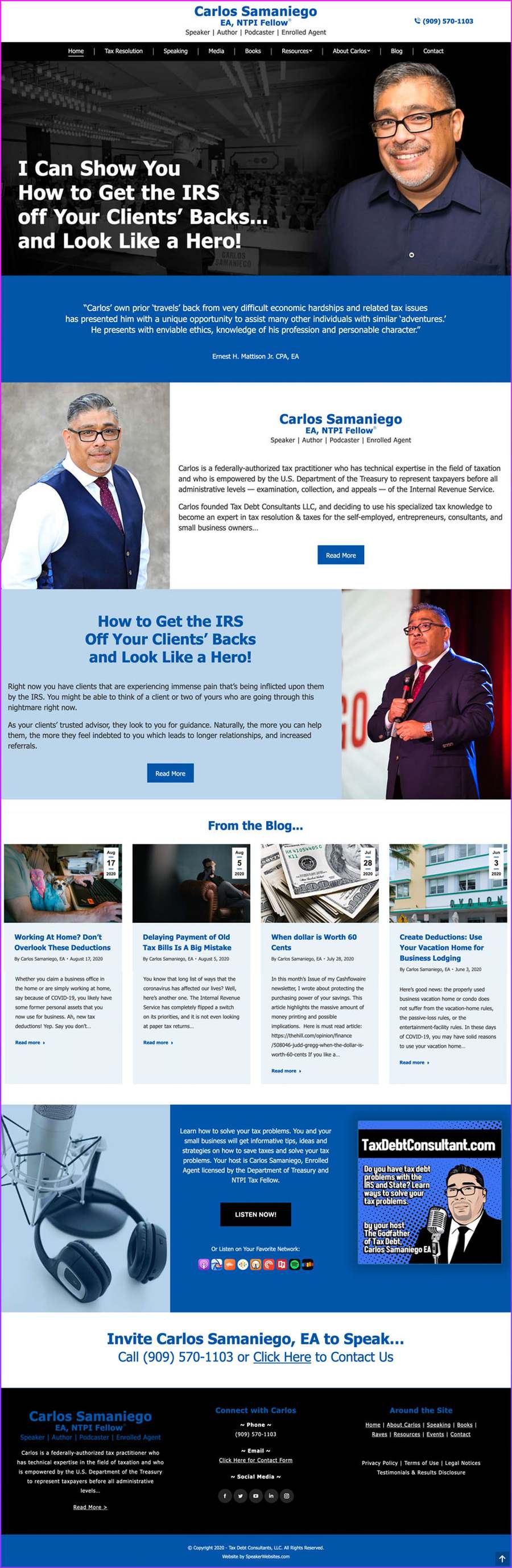 Full-length screenshot of Carlos Samaniego, EA's speaker website designed by SpeakerWebsites.com