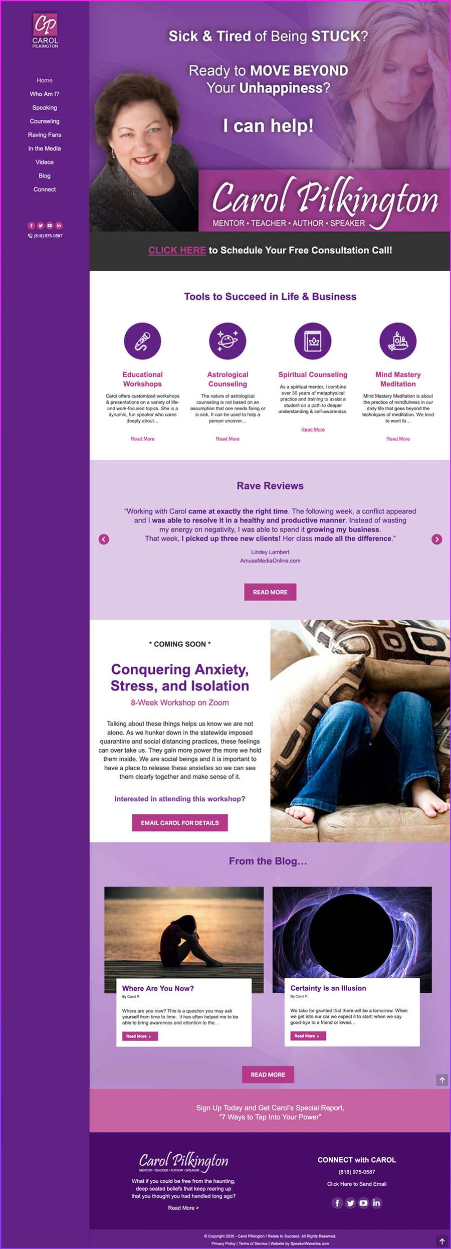 Full-length screenshot of Carol Pilkington's speaker website designed by SpeakerWebsites.com