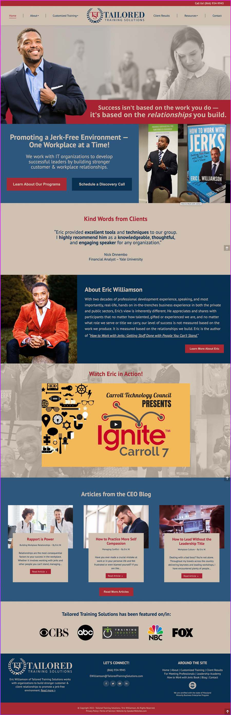 Full-length screenshot of Eric Williamson's speaker website designed by SpeakerWebsites.com