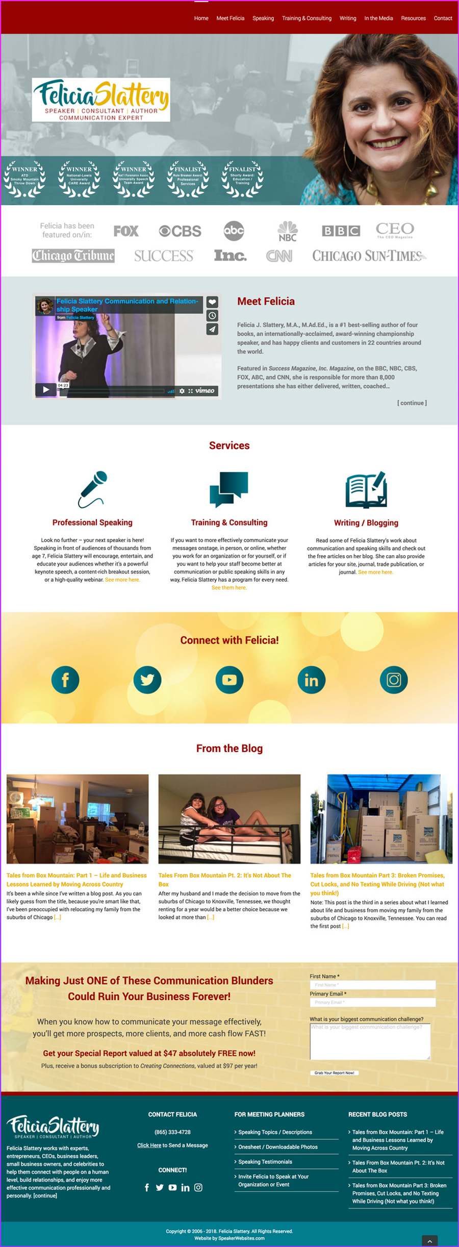 Full-length screenshot of Felicia Slattery's speaker website designed by SpeakerWebsites.com