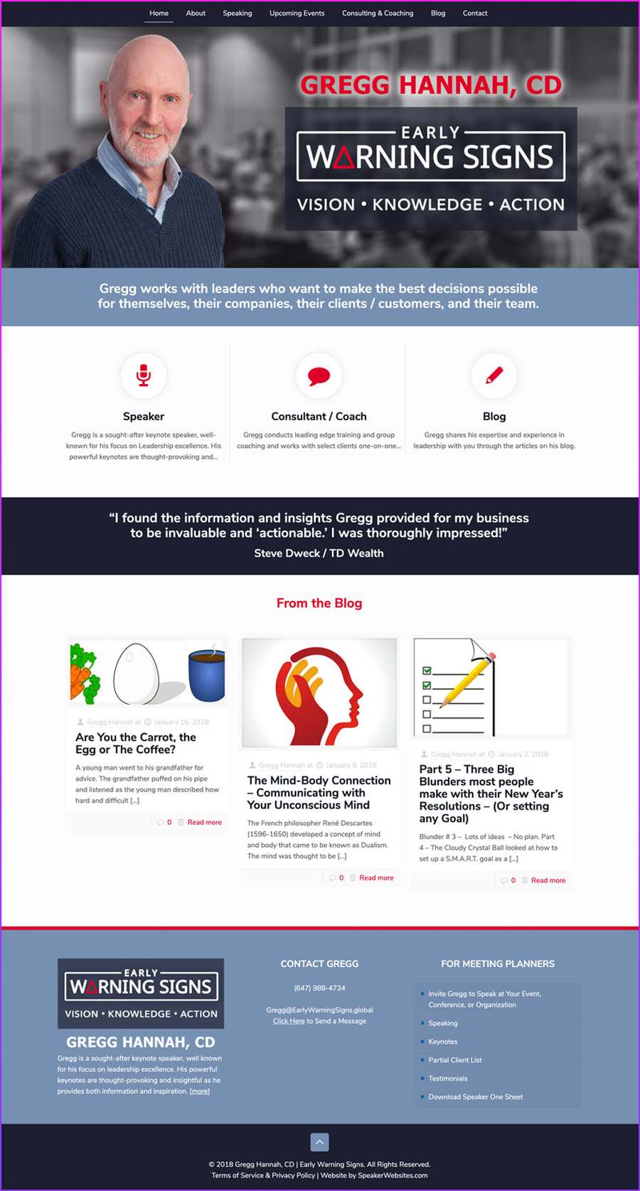 Full-length screenshot of Gregg Hannah's speaker website designed by SpeakerWebsites.com