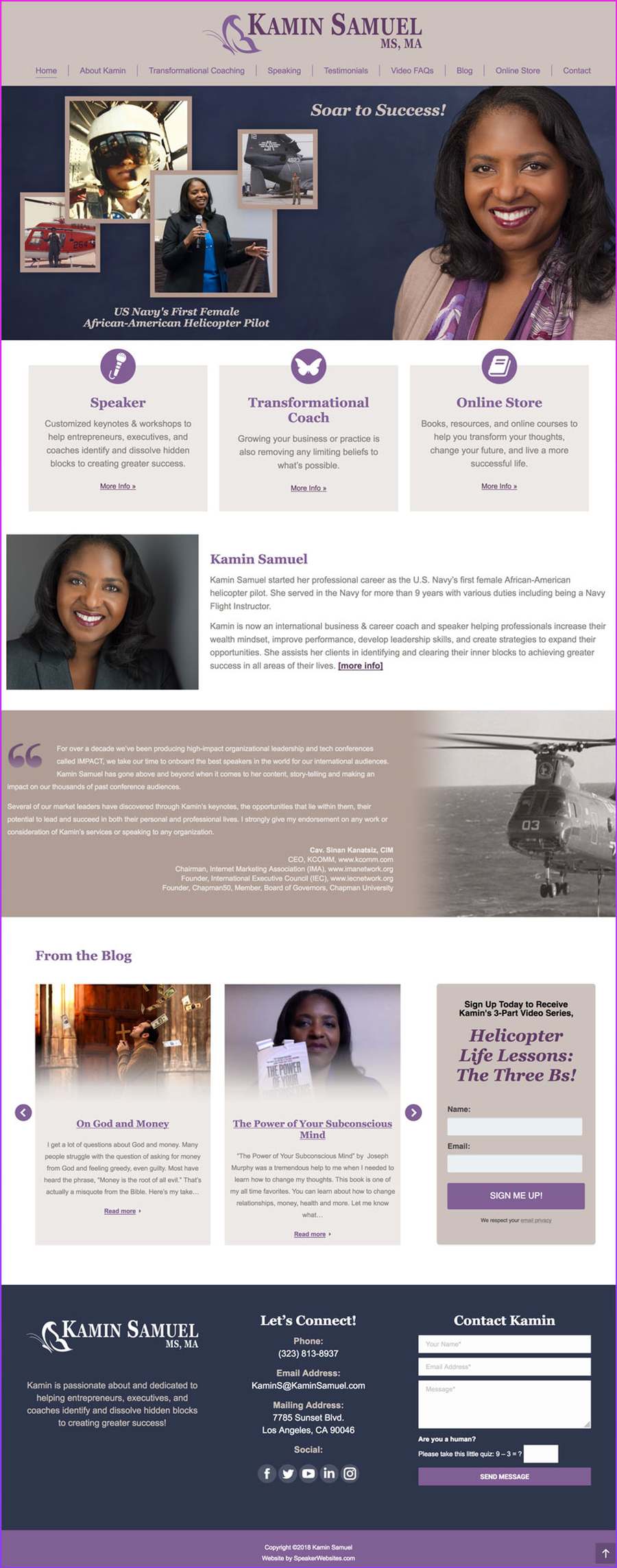 Full-length screenshot of Kamin Samuel's speaker website designed by SpeakerWebsites.com