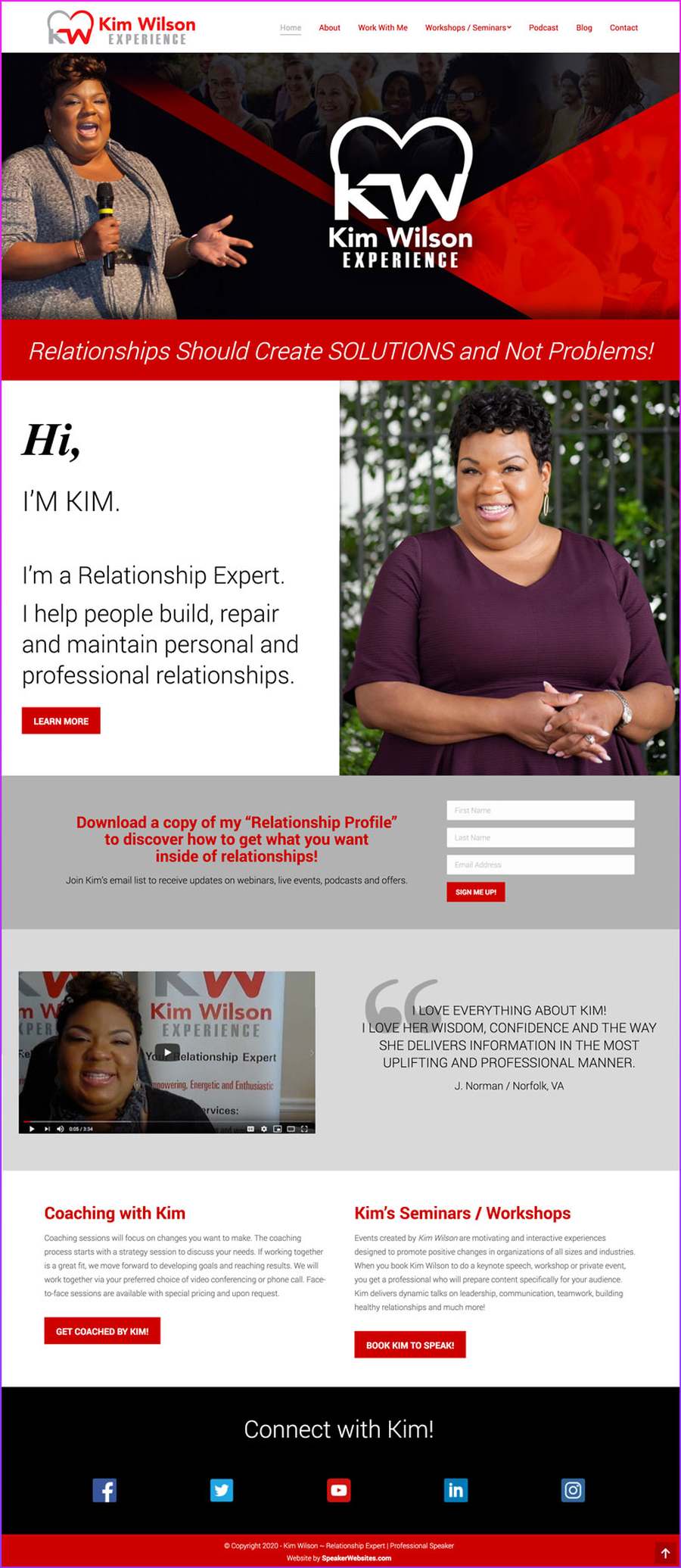 Full-length screenshot of Kim Wilson's speaker website designed by SpeakerWebsites.com