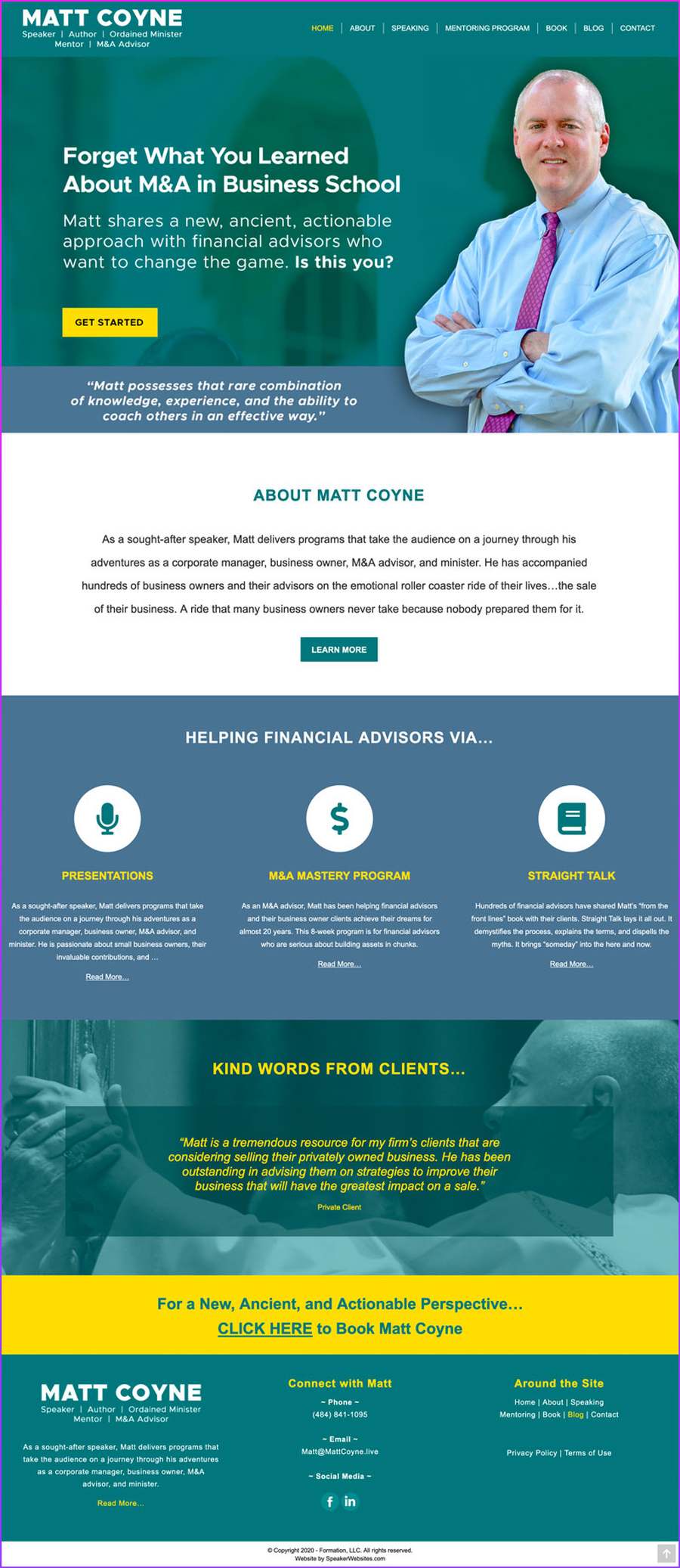Full-length screenshot of Matt Coyne's speaker website designed by SpeakerWebsites.com