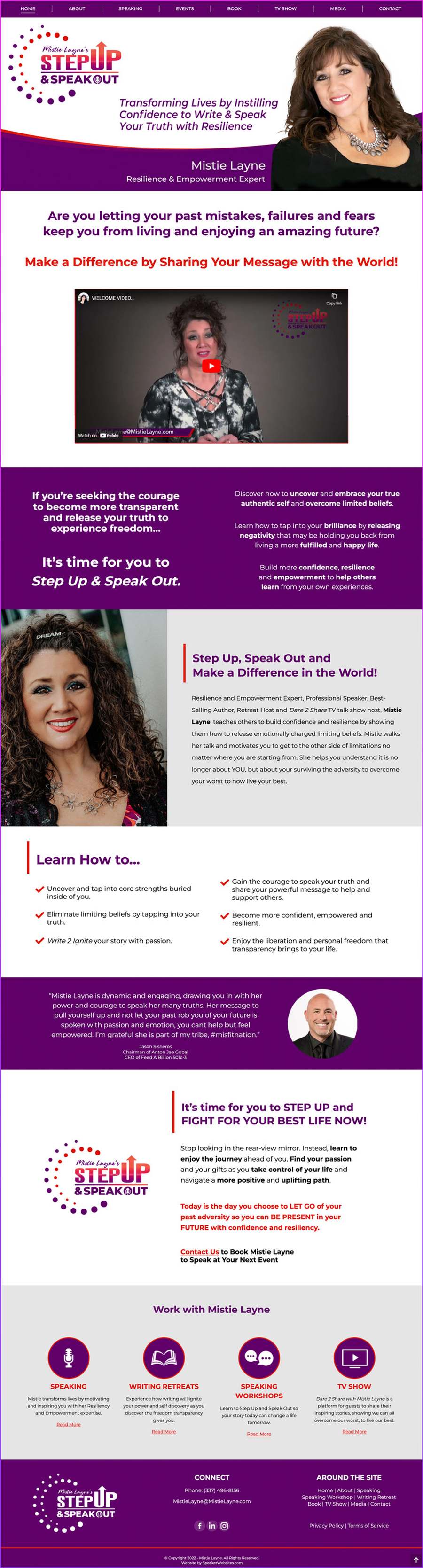 Full-length screenshot of Mistie Layne's speaker website designed by SpeakerWebsites.com