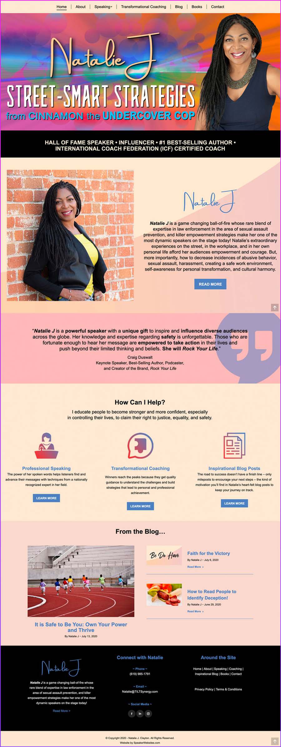 Full-length screenshot of Natalie J's speaker website designed by SpeakerWebsites.com
