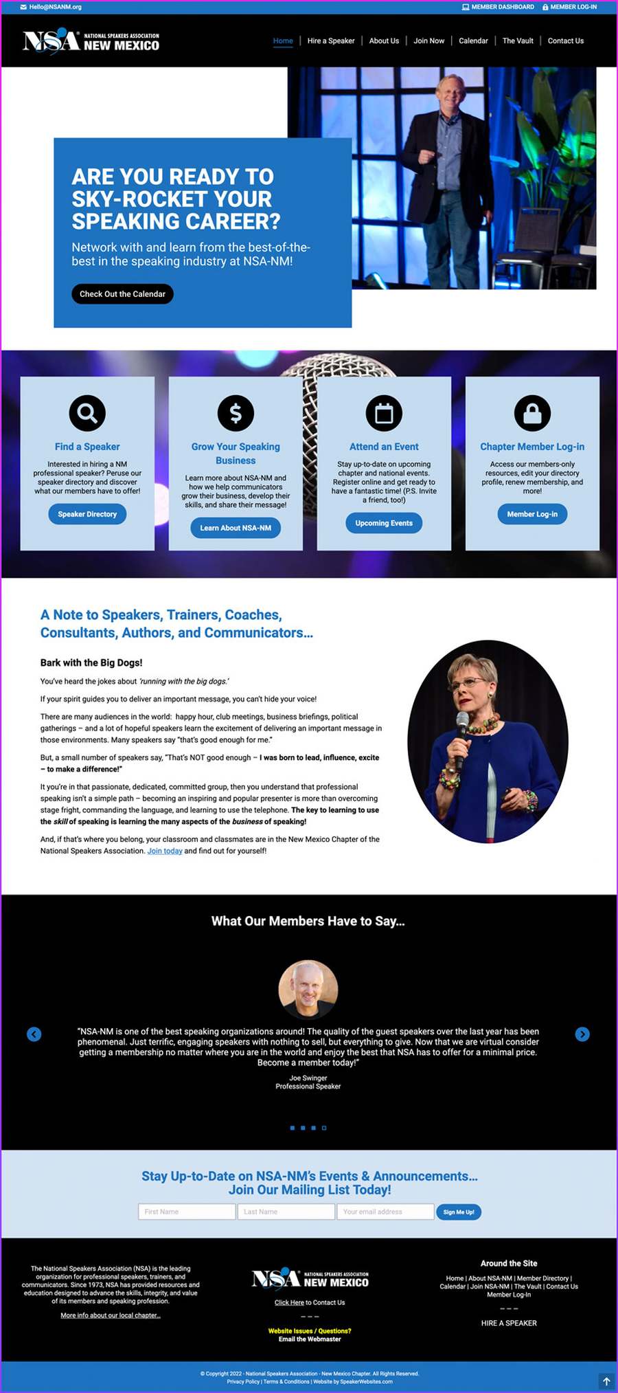 Full-length screenshot of NSA New Mexico's speaker website designed by SpeakerWebsites.com