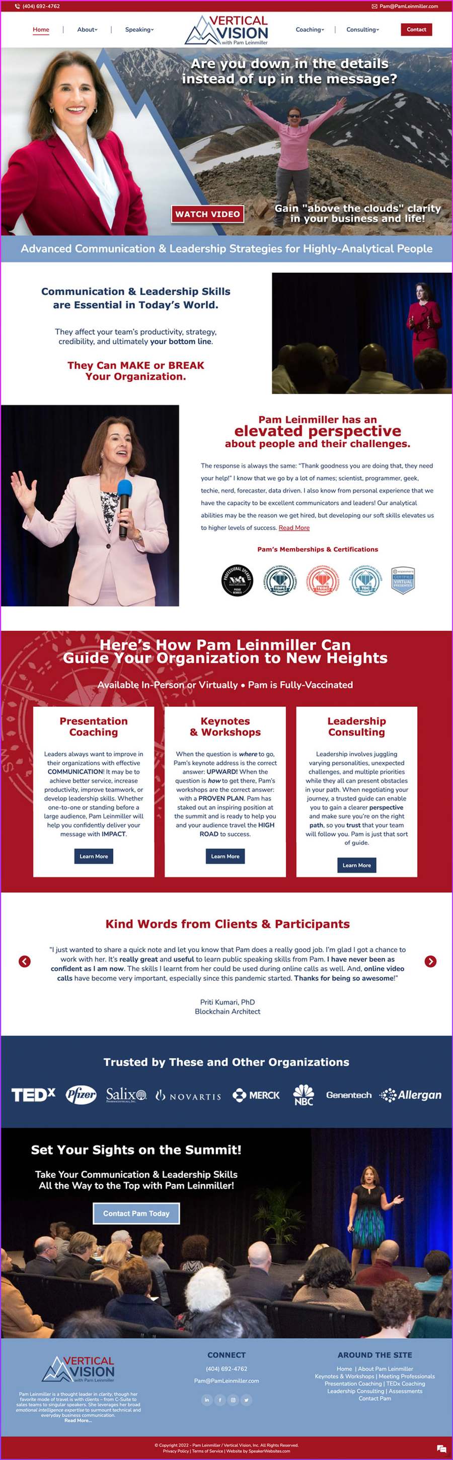 Full-length screenshot of Pam Leinmiller's speaker website designed by SpeakerWebsites.com