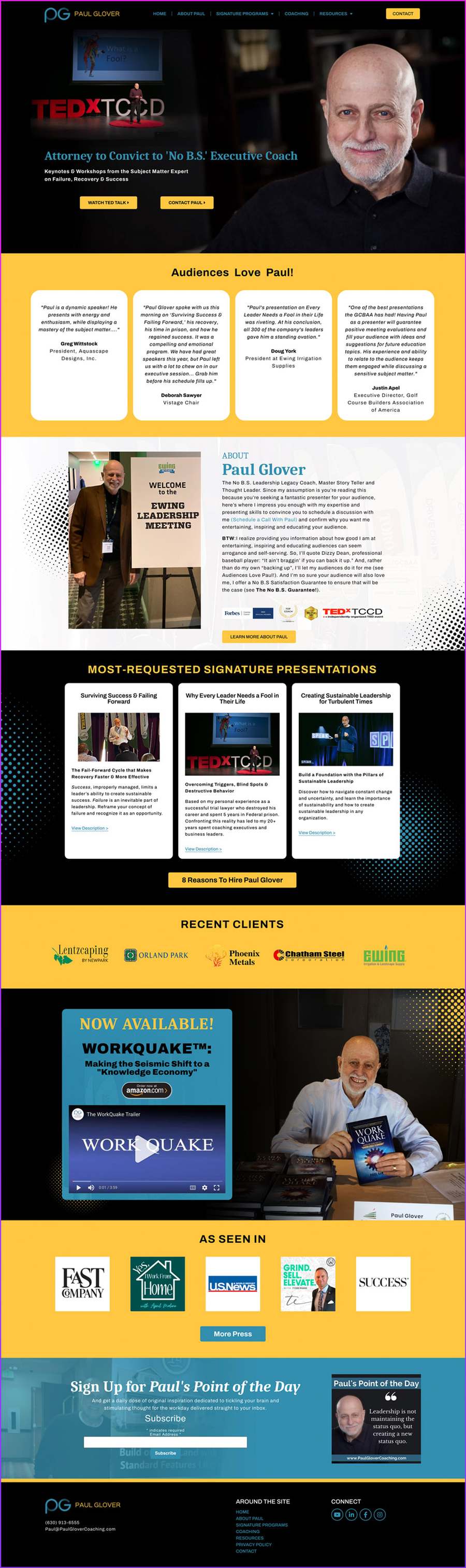 Full-length screenshot of Paul Glover's speaker website designed by SpeakerWebsites.com