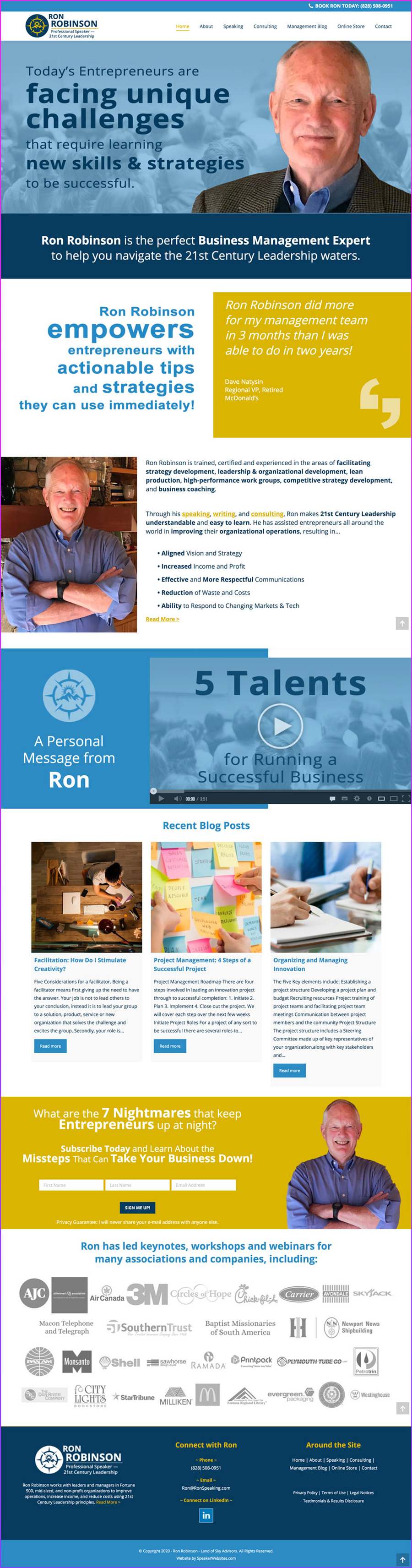 Full-length screenshot of Ron Robinson's speaker website designed by SpeakerWebsites.com