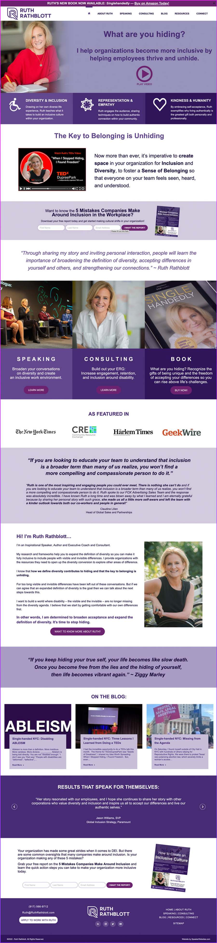 Full-length screenshot of Ruth Rathblott's speaker website designed by SpeakerWebsites.com
