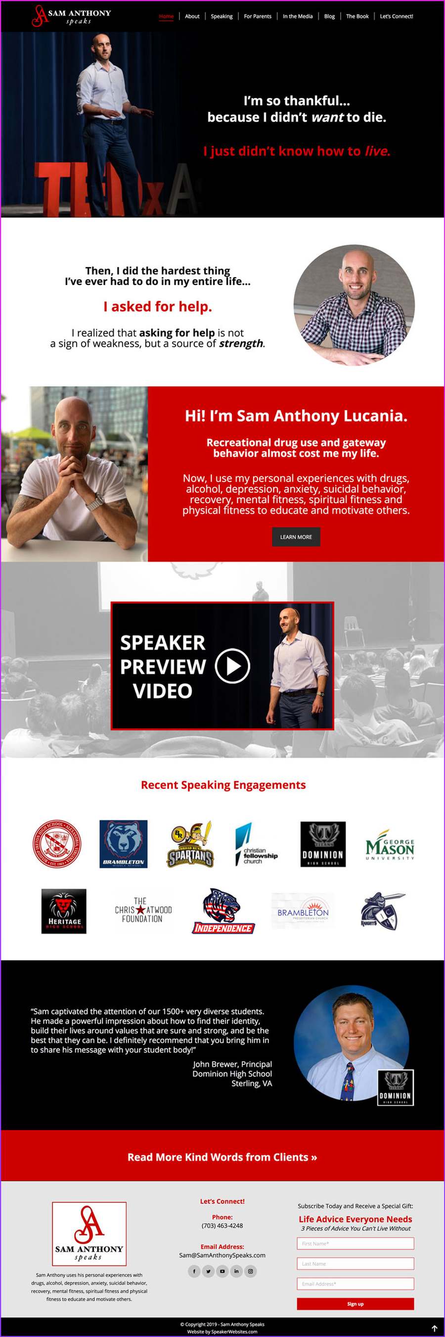 Full-length screenshot of Sam Anthony's speaker website designed by SpeakerWebsites.com