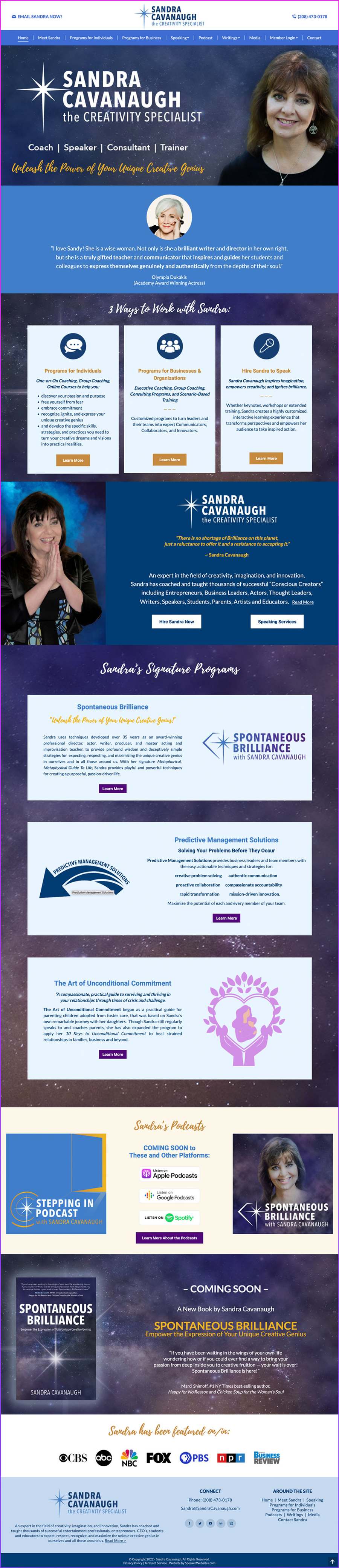 Full-length screenshot of Sandra Cavanaugh's speaker website designed by SpeakerWebsites.com