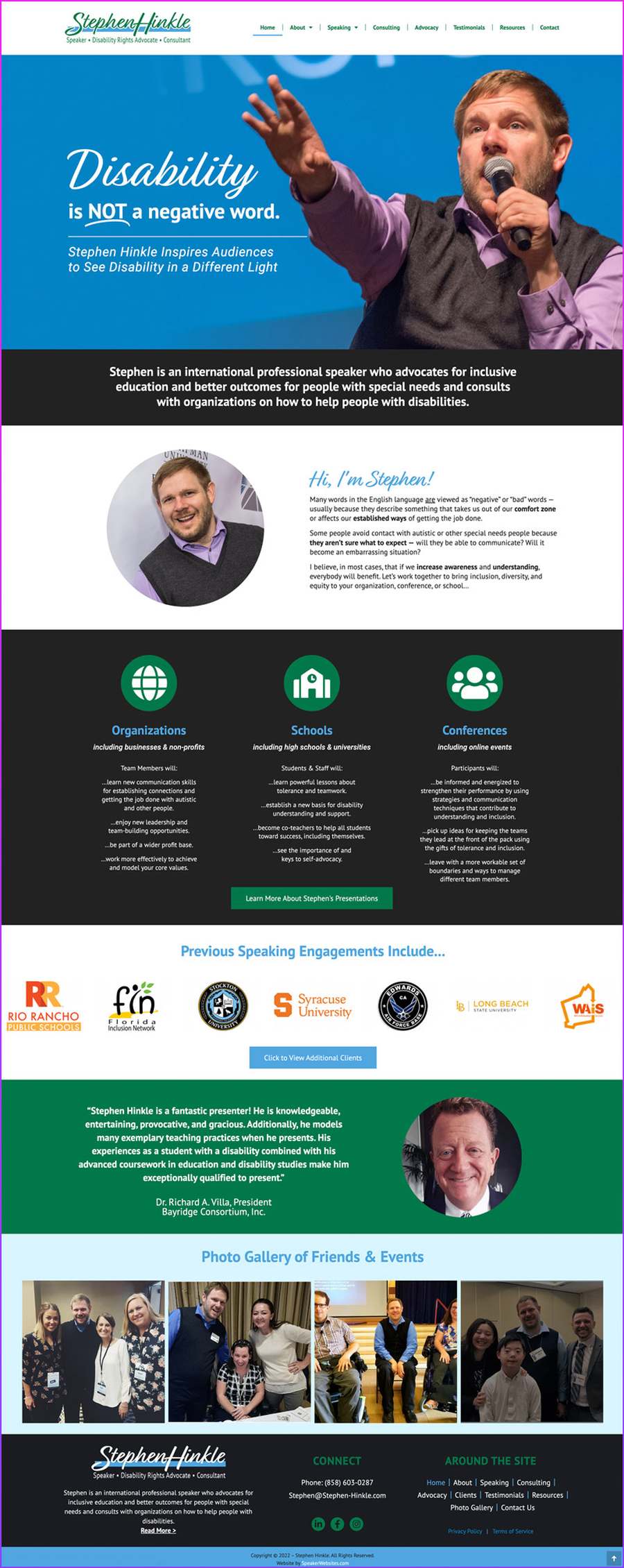 Full-length screenshot of Stephen Hinkle's speaker website designed by SpeakerWebsites.com