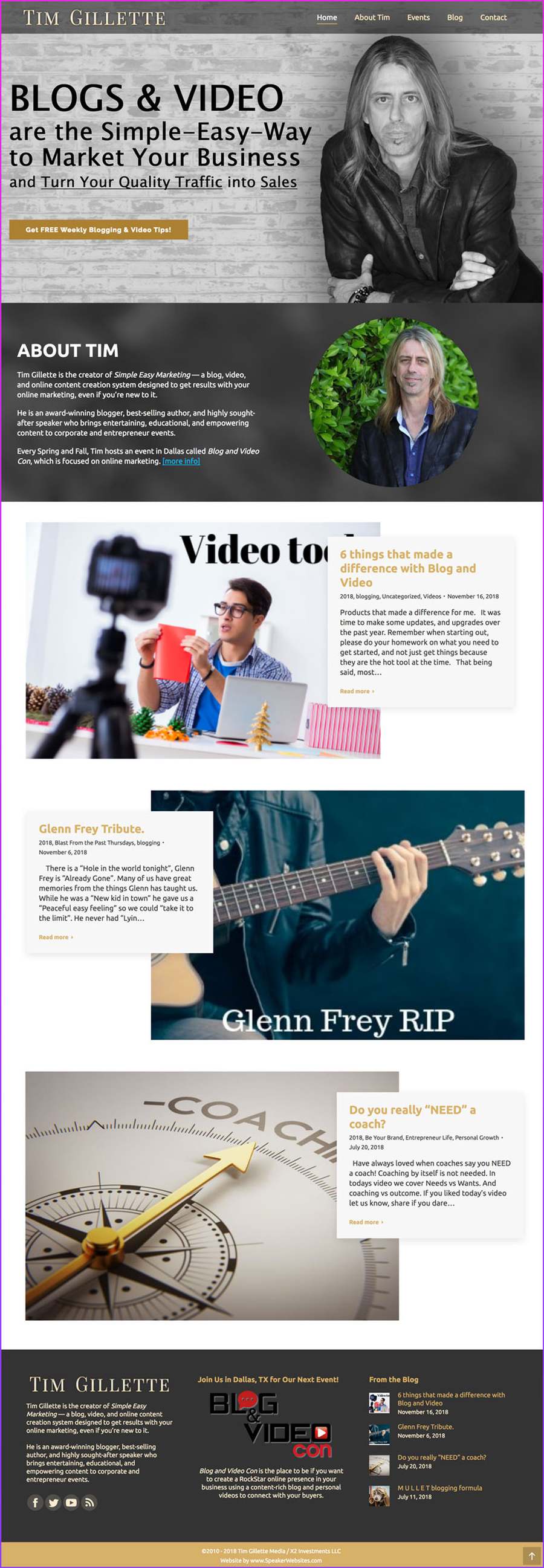 Full-length screenshot of Tim Gillette's speaker website designed by SpeakerWebsites.com