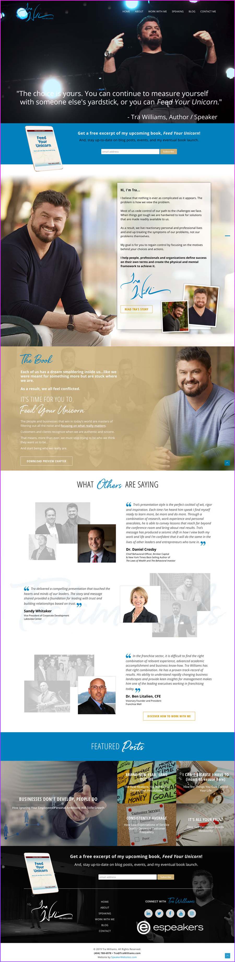 Full-length screenshot of Tra Williams's speaker website designed by SpeakerWebsites.com