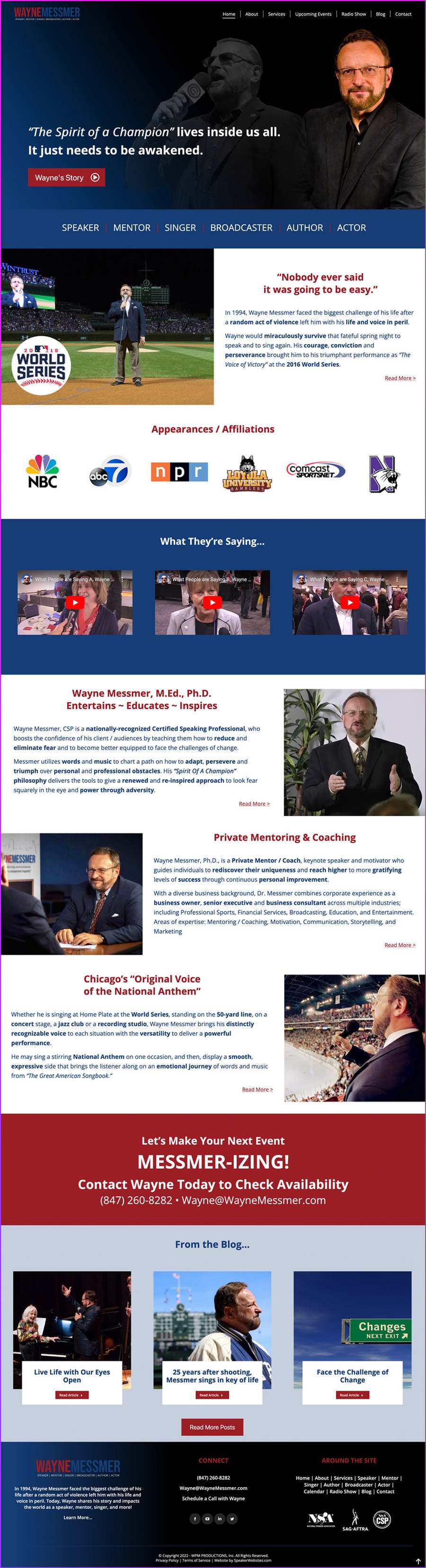 Full-length screenshot of Wayne Messmer's speaker website designed by SpeakerWebsites.com