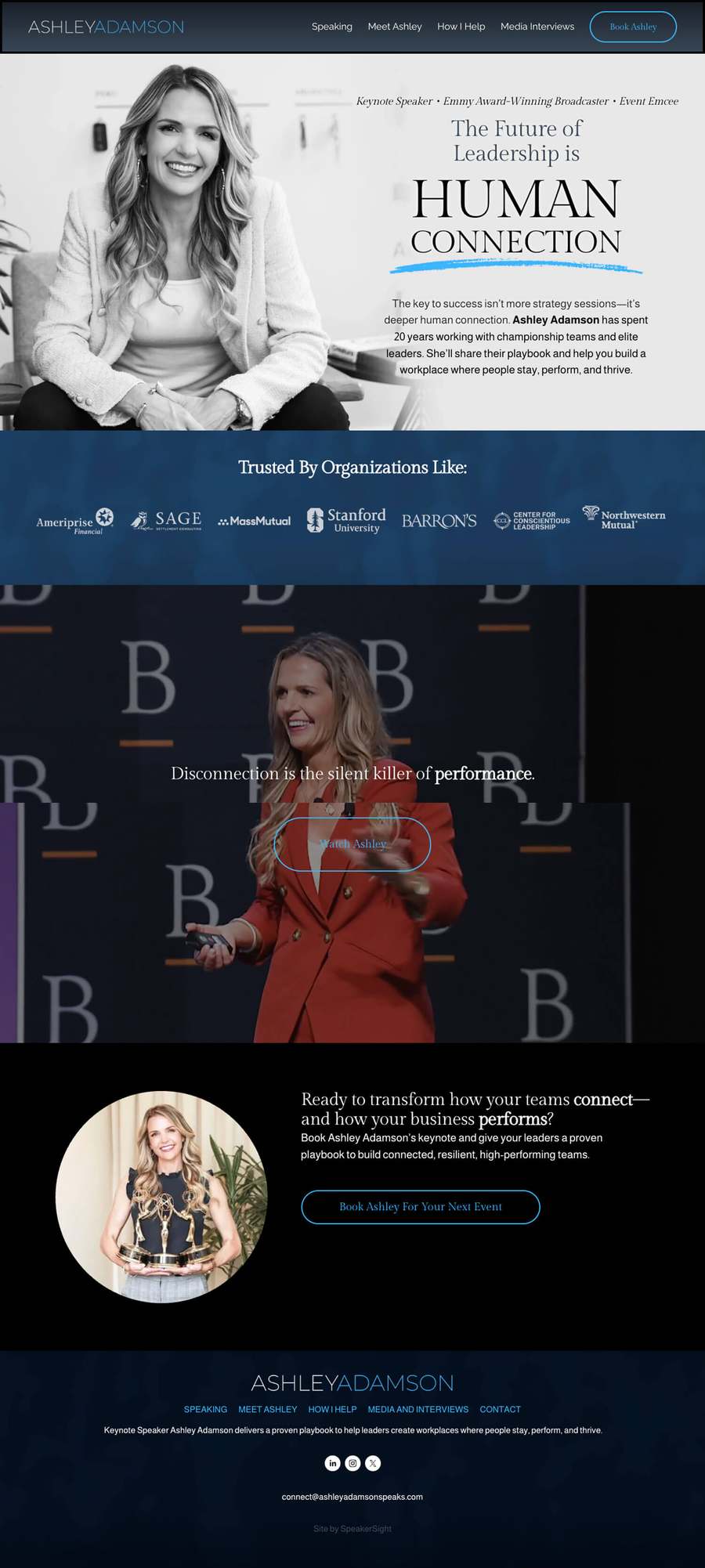 Full-length screenshot of Ashley Adamson's speaker website designed by SpeakerWebsites.com
