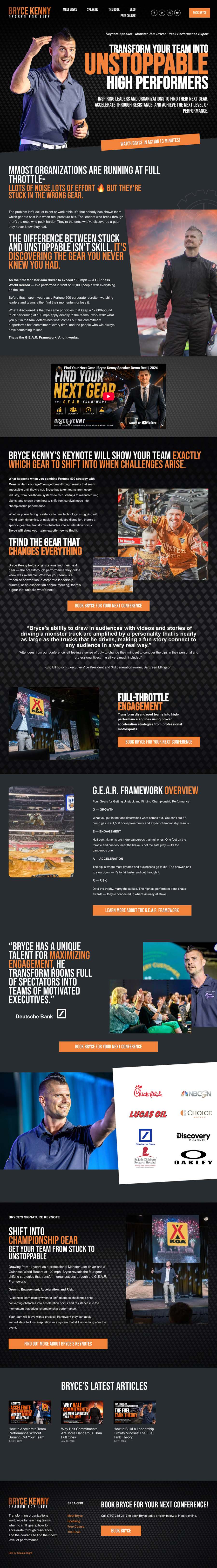 Full-length screenshot of Bryce Kenny's speaker website designed by SpeakerWebsites.com