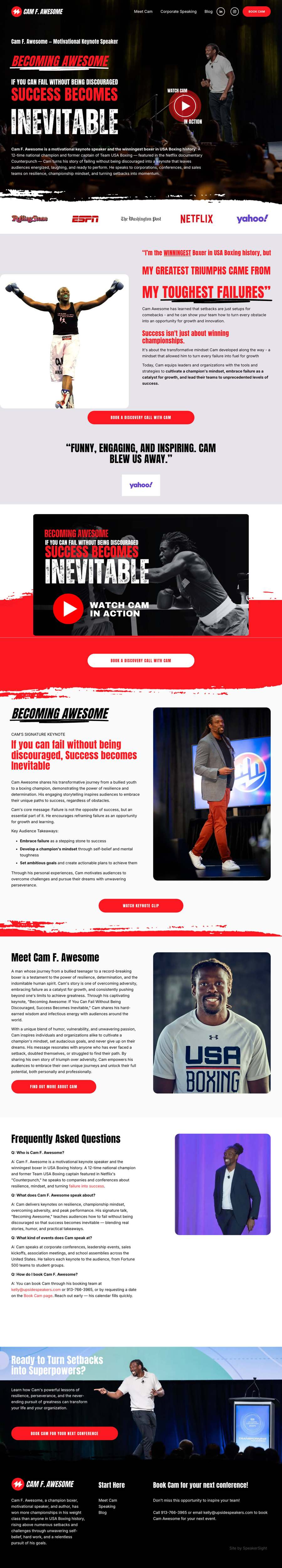Full-length screenshot of Cam F. Awesome's speaker website designed by SpeakerWebsites.com
