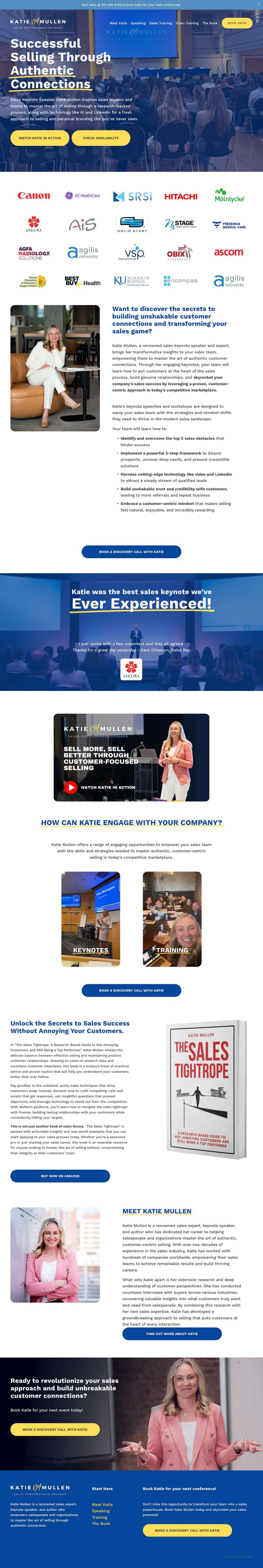 Full-length screenshot of Katie Mullen's speaker website designed by SpeakerWebsites.com